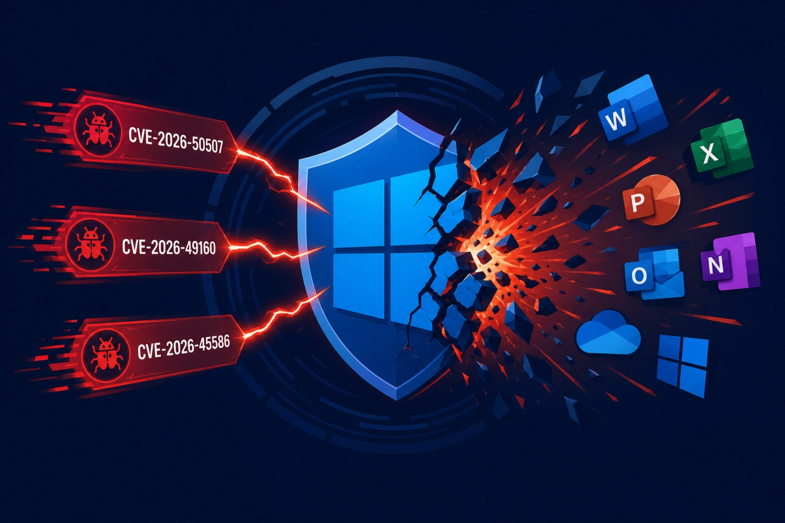 Microsoft shield with broken effect, highlighting vulnerabilities and applications.