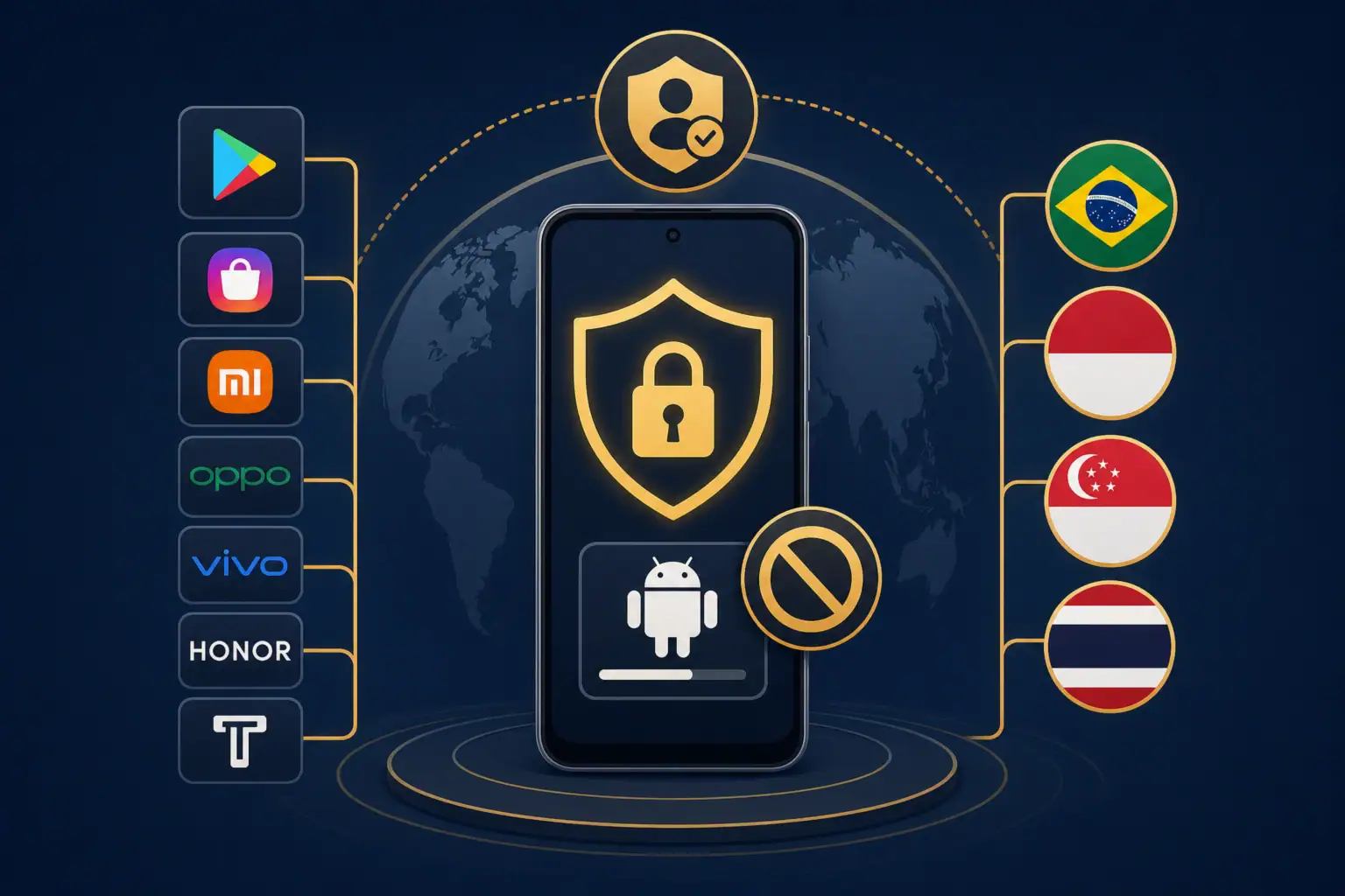 Smartphone illustration showing Android security and developer verification elements.