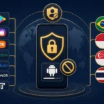 ** Smartphone mit Sicherheitslogo und Verbotssymbol, umgeben von Ländersymbolen.