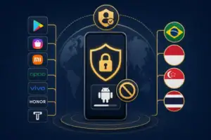 ** Smartphone mit Sicherheitslogo und Verbotssymbol, umgeben von Ländersymbolen.