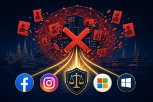 Visual representation of tech giants combating scam networks in Southeast Asia.
