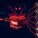 Dark illustration of a box with npm branding, emitting ominous smoke and eyes.