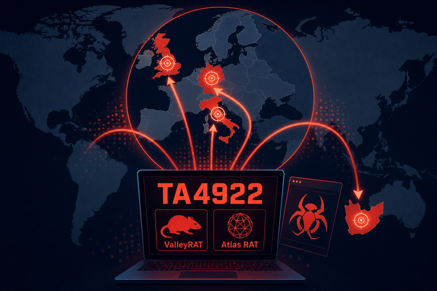Visual representation of cyber threats from TA4922 targeting Europe.