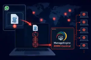 Grafische Darstellung von WhatsApp-Angriffen auf ManageEngine RMM-Systeme.