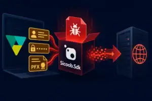 Malicious Sicoob.Sdk targeting banking data with icons and code elements.