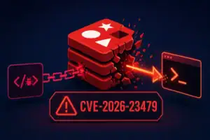 Логотип Redis с предупреждением о уязвимости CVE-2026-23479 и визуализацией RCE.
