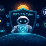Illustration of GPT-5.5-Cyber, robotic figure with a shield on a digital globe.
