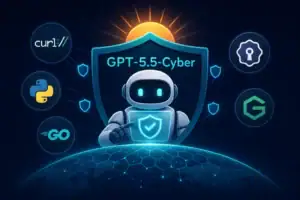 Illustration of GPT-5.5-Cyber, robotic figure with a shield on a digital globe.