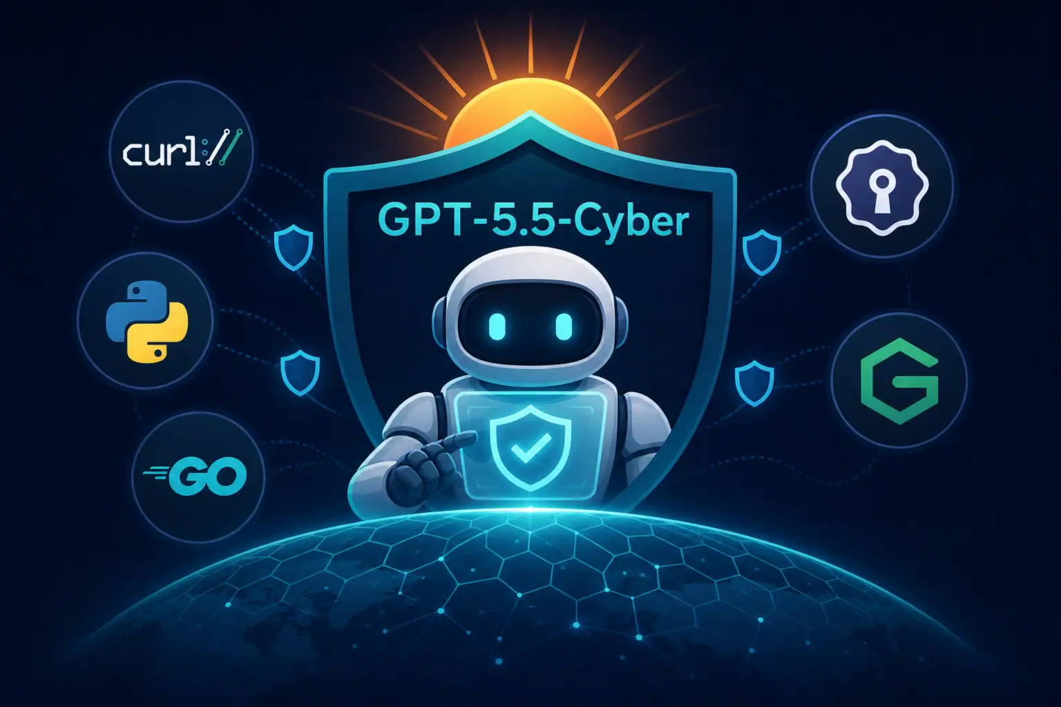 Illustration of GPT-5.5-Cyber, robotic figure with a shield on a digital globe.