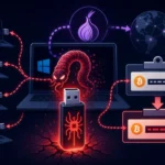 Illustration of a USB worm spreading malware via Windows computers.