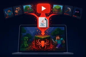 Minecraft-themed graphic showing malware threat with screens and icons.