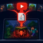 Стиллизованное изображение компьютера с элементами Minecraft и угрожающим символом.