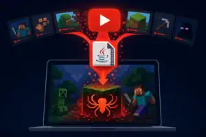 Стиллизованное изображение компьютера с элементами Minecraft и угрожающим символом.