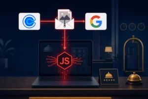 Diagram illustrating Node.js TonRAT phishing targeting hotels via email.