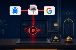 Gráfico mostrando un ataque de phishing dirigido a hoteles con Node.js.