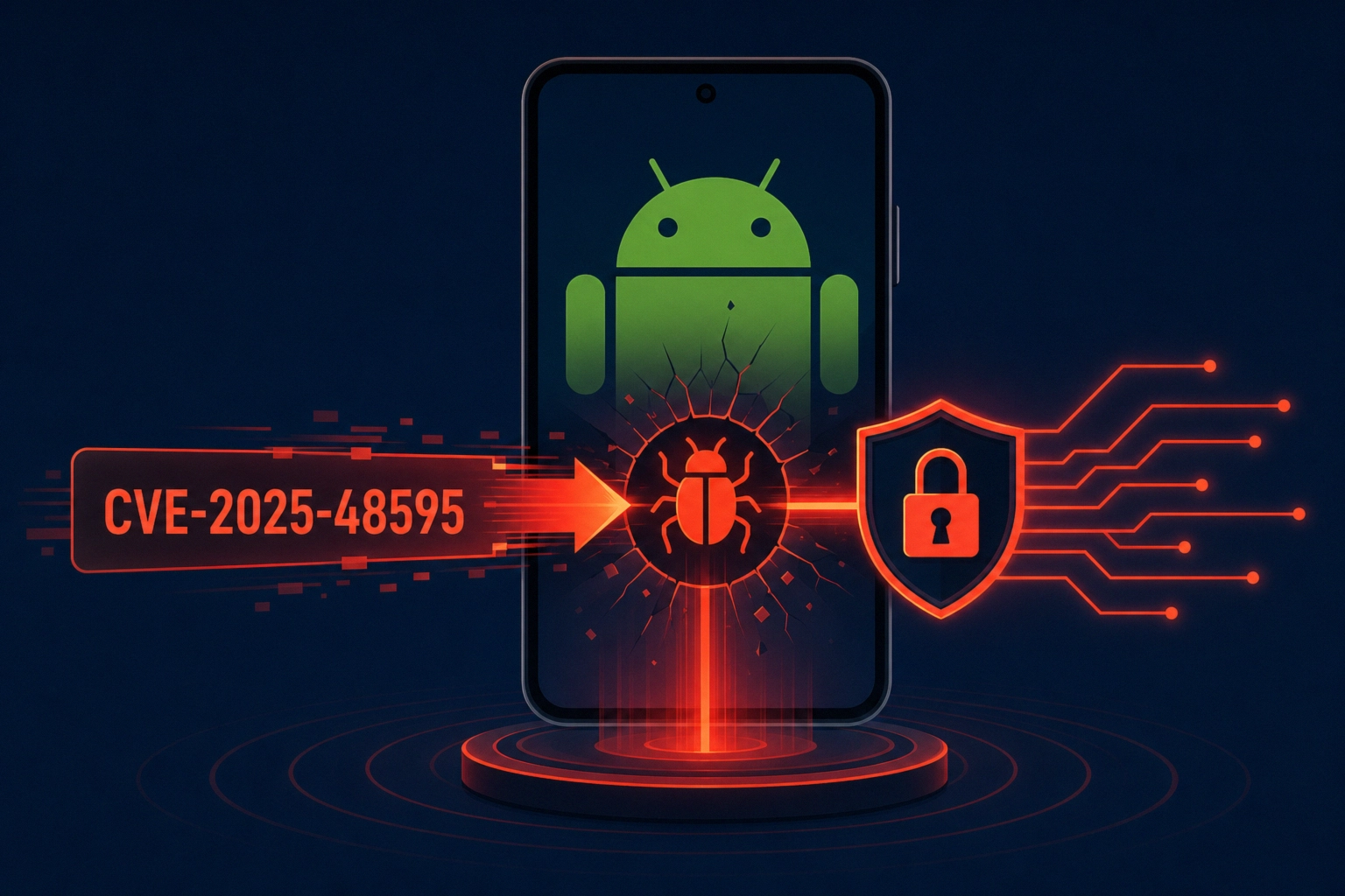 Android logo on a smartphone with a security bug and CVE-2025-48595 reference.