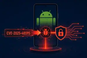 Android-смартфон із зазначенням вразливості CVE-2025-48595 на фоні.