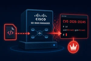 Visualization of Cisco SD-WAN Manager flaw CVE-2026-20245 exploitation.