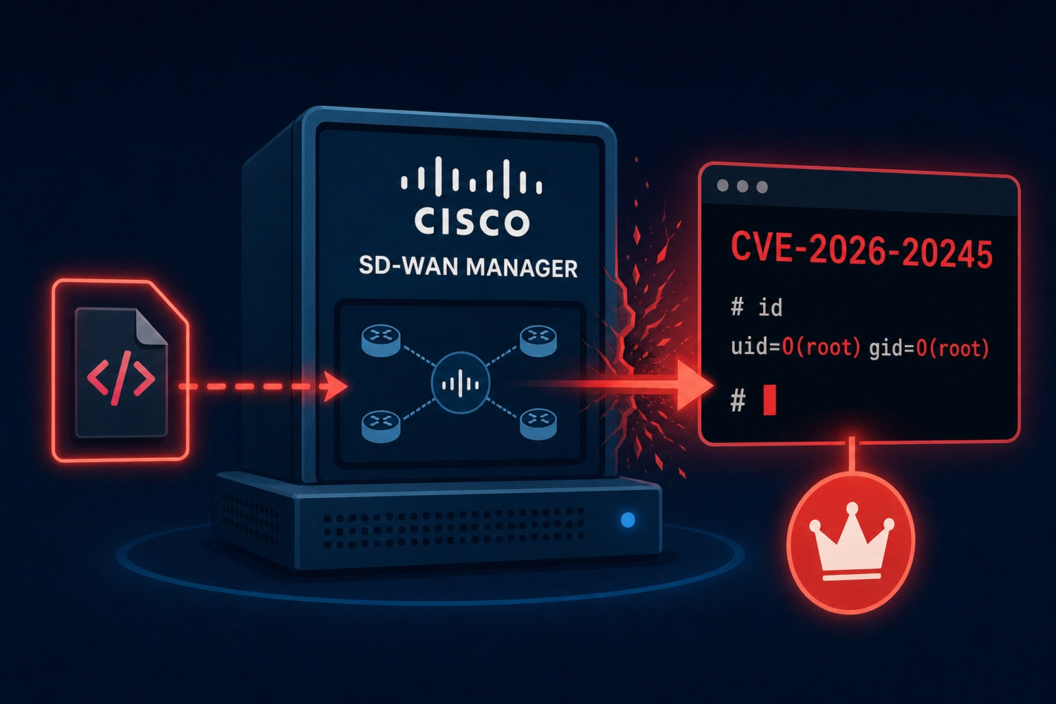 Visualization of Cisco SD-WAN Manager flaw CVE-2026-20245 exploitation.