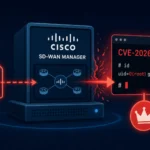 Иконография уязвимости Cisco SD-WAN Manager CVE-2026-20245 с кодом и архитектурой системы.