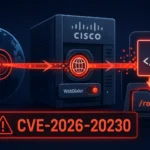 Cisco device illustration highlighting CVE-2026-20230 vulnerability alert.