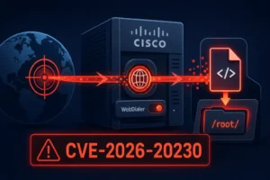 Cisco device illustration highlighting CVE-2026-20230 vulnerability alert.