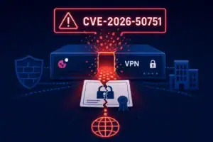 Уязвимость VPN CVE-2026-50751, компьютеры и сеть на фоне темного экрана.