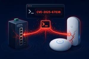 Vulnerabilities in Lantronix and UniFi OS illustrated with graphics.