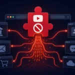 Visual representation of a YouTube adblock extension with data flow imagery.