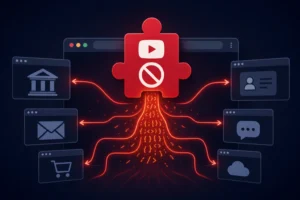 Visual representation of a YouTube adblock extension with data flow imagery.