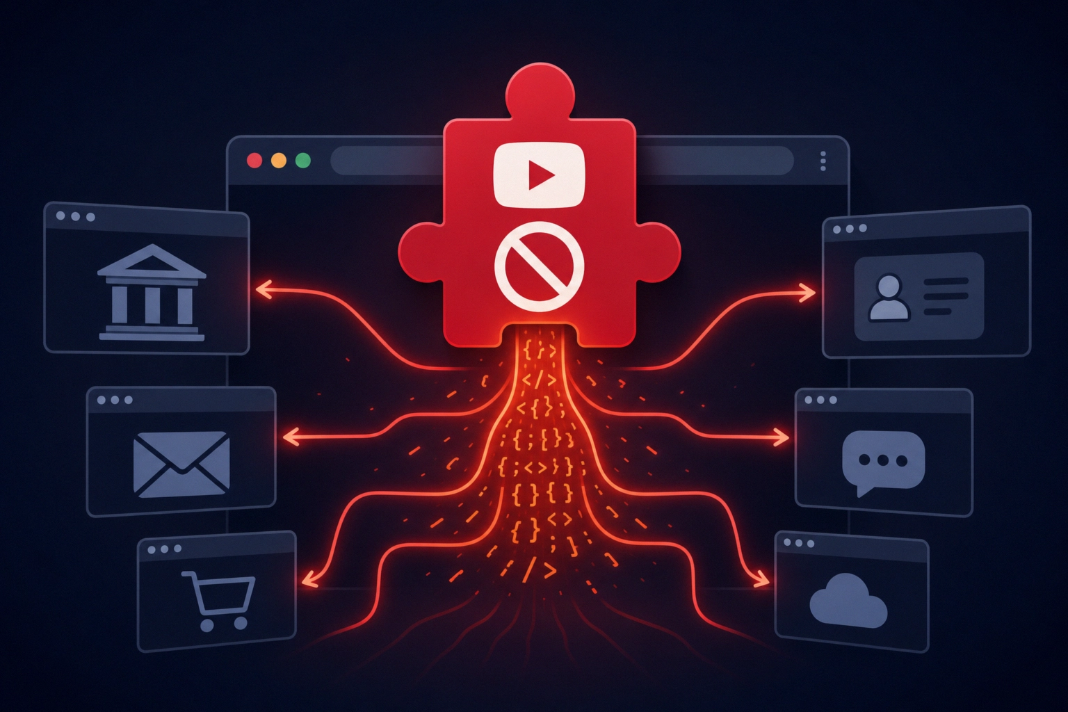 Visual representation of a YouTube adblock extension with data flow imagery.