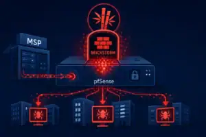 Схематичное изображение киберугрозы с логотипом BRICKSTORM и компьютерами.