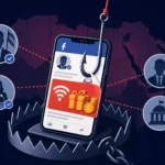 Smartphone with a Facebook screen, fishing hook, and a trap illustration.