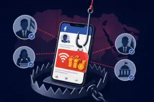 Smartphone mit Facebook-Symbol und Phishing-Haken in einer Falle.
