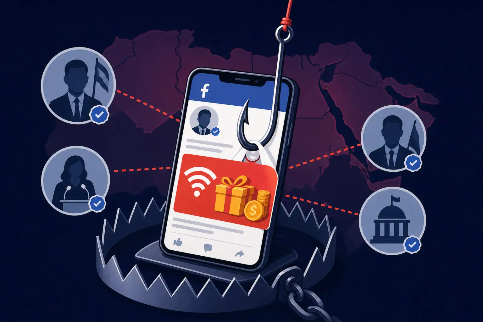 Teléfono atrapado en una trampa, simbolizando un fraude en Facebook dirigido a usuarios de MENA.