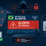 Hacker in Hoodie vor einem Bildschirm mit gefälschter Gefahrenwarnung.