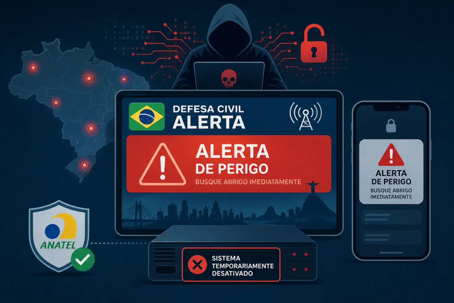 ** Advertencia de emergencia falsa en sistema de Brasil, con iconos de hackeo.