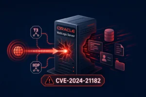 Oracle WebLogic Server graphic highlighting CVE-2024-21182 vulnerability.