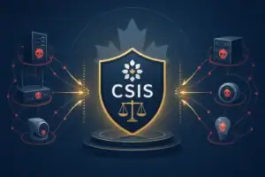 Graphic depicting CSIS shield with networked devices and cyber threats.
