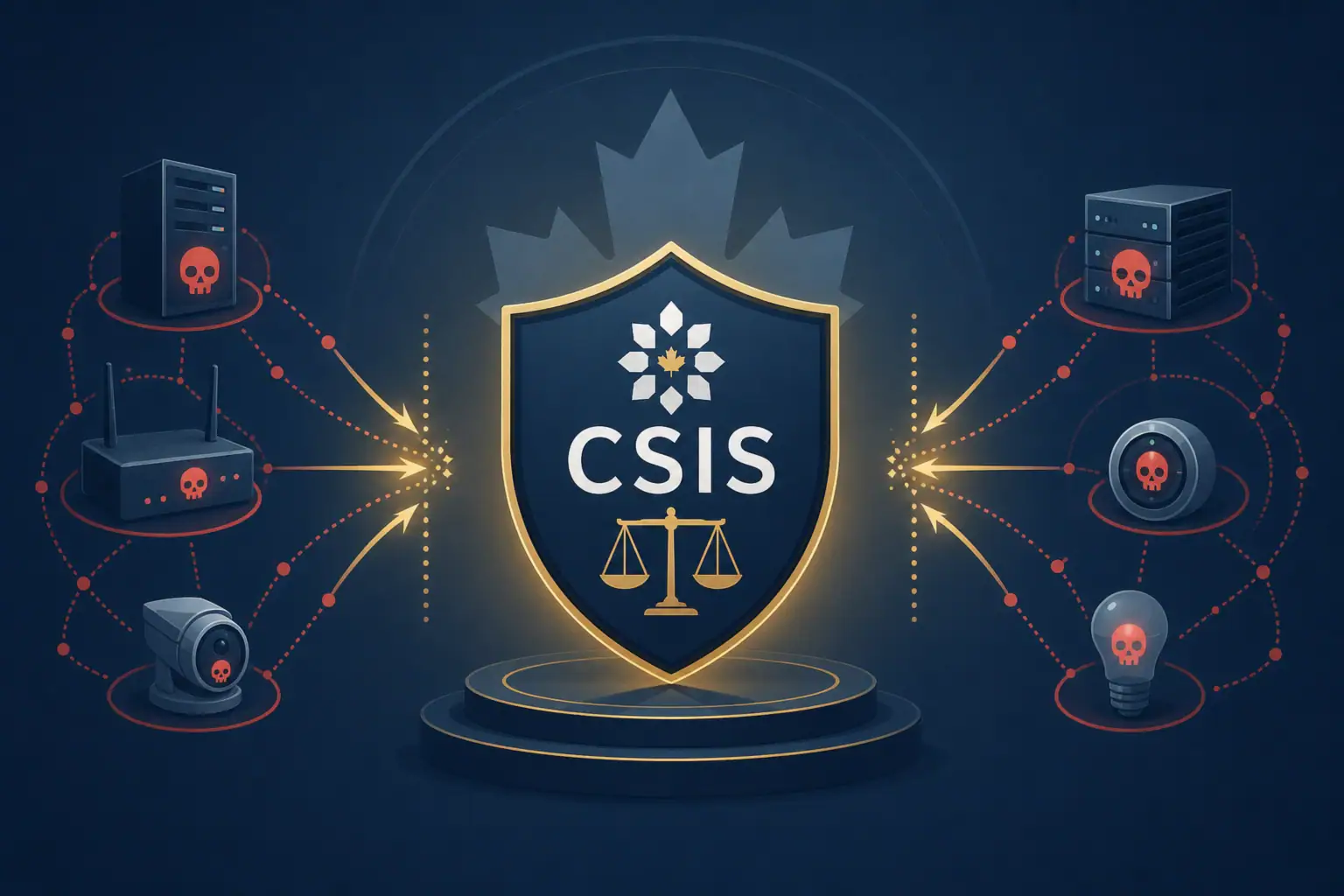Логотип CSIS с изображением устройств, связанных с киберугрозами и ботнетами.