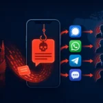 Darstellung einer Phishing-Bedrohung auf Mobiltelefon mit App-Icons.