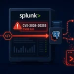 Splunk server displaying CVE-2026-20253 alert and interactions.