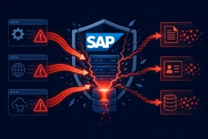 SAP logo shield with warning icons illustrating vulnerability risks.