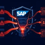 Grafische Darstellung eines SAP-Logos vor einer Sicherheitsvisualisierung mit Warnsymbolen.