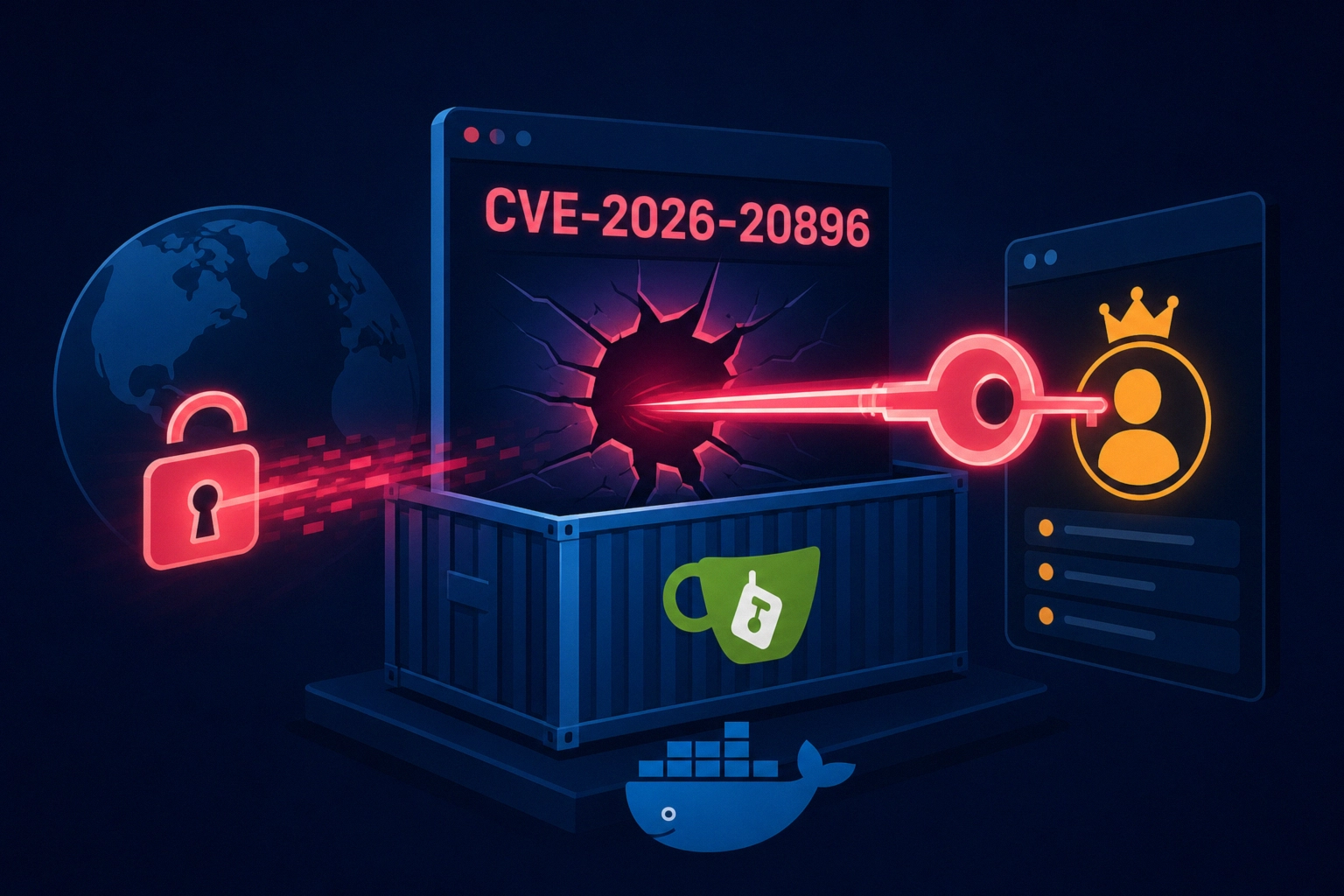 Illustration of a cyber vulnerability exploit affecting Gitea in Docker.