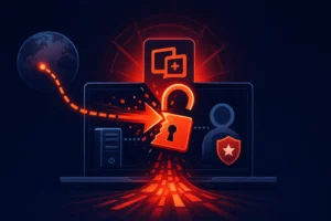 Graphic depicting cybersecurity vulnerabilities with lock and shield icons.