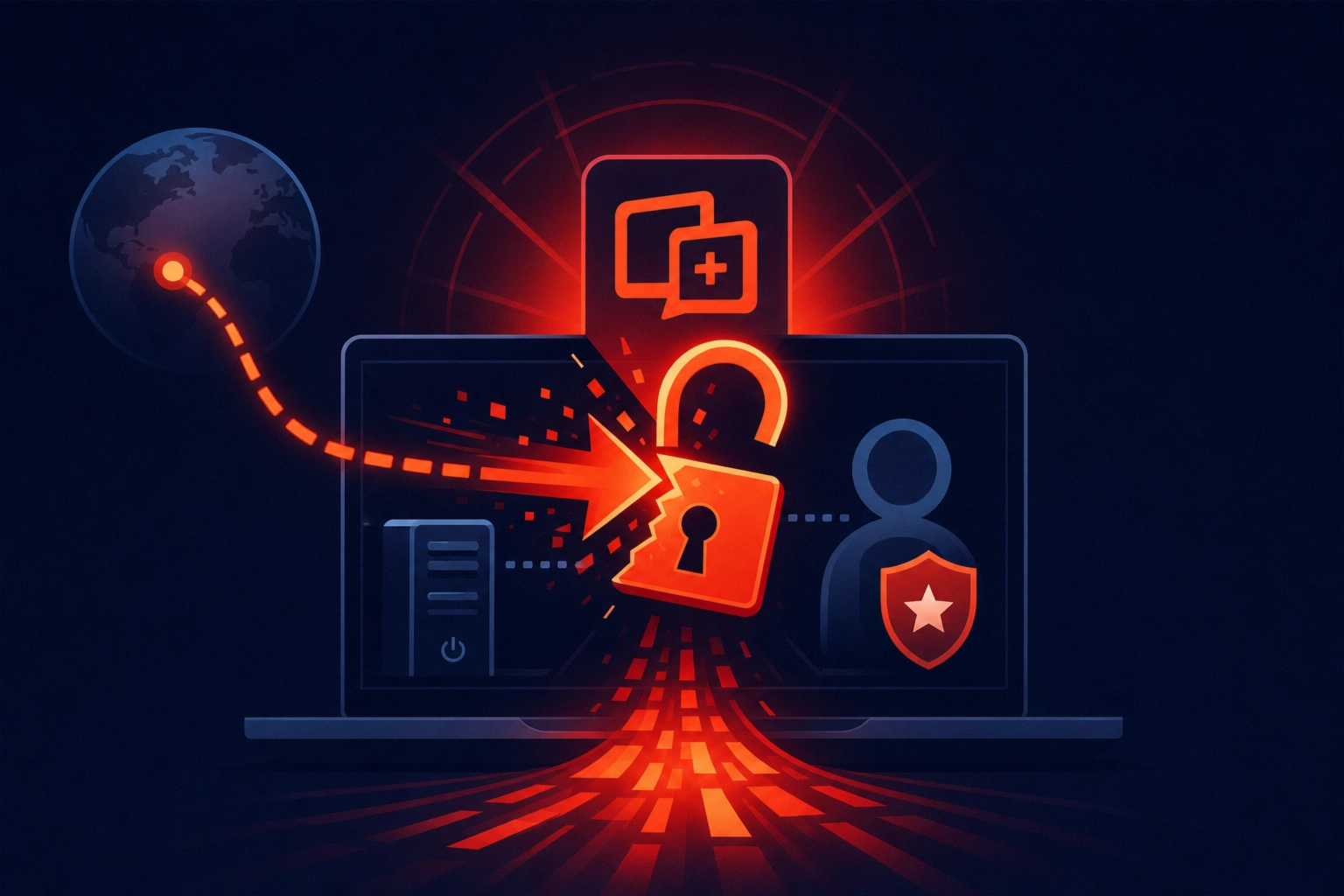 Graphic depicting cybersecurity vulnerabilities with lock and shield icons.
