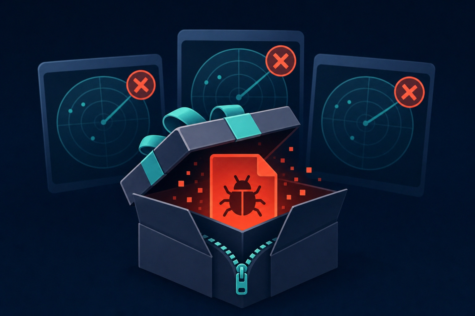 Open box revealing a bug icon surrounded by radar screens with errors.