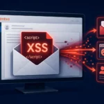 Illustration of a computer screen showcasing XSS vulnerability in an email.