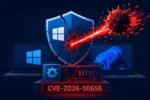 Щит с логотипом Windows, разрушаемый вирусом на фоне ноутбуков.